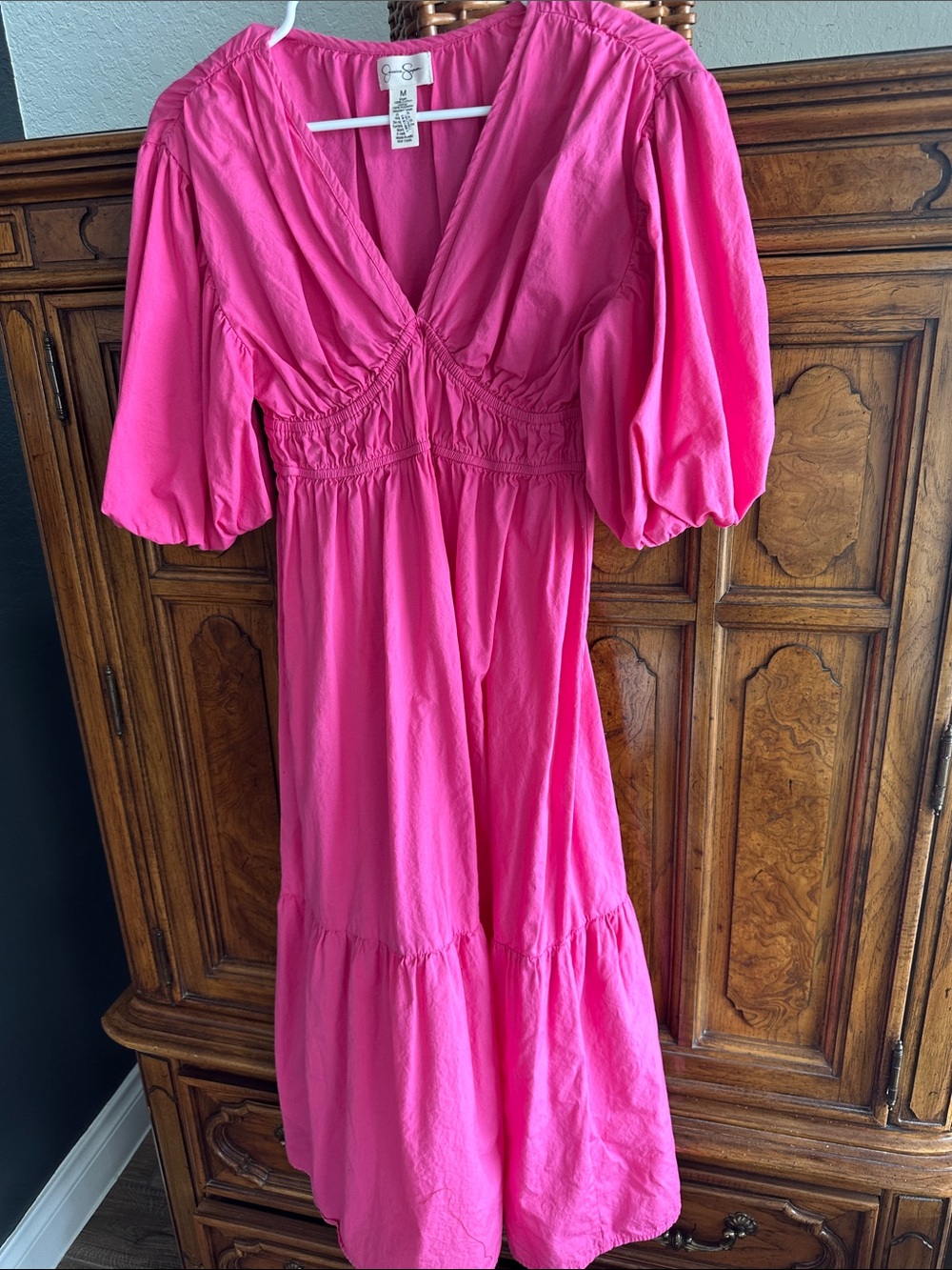 Jessica Simpson Pink Puff-Sleeve V-Neck Midi Dress - Picture 2 of 3